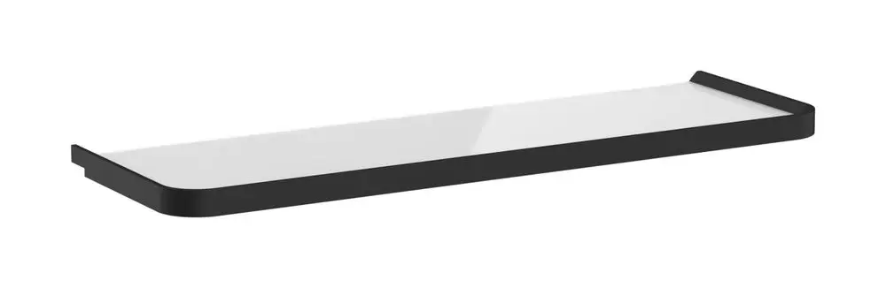 Schwarze Ablage mit abgerundeten Kanten und einer glatten, weißen Oberfläche. Produkt von Hansgrohe, geeignet für Badezimmer oder Küchen.